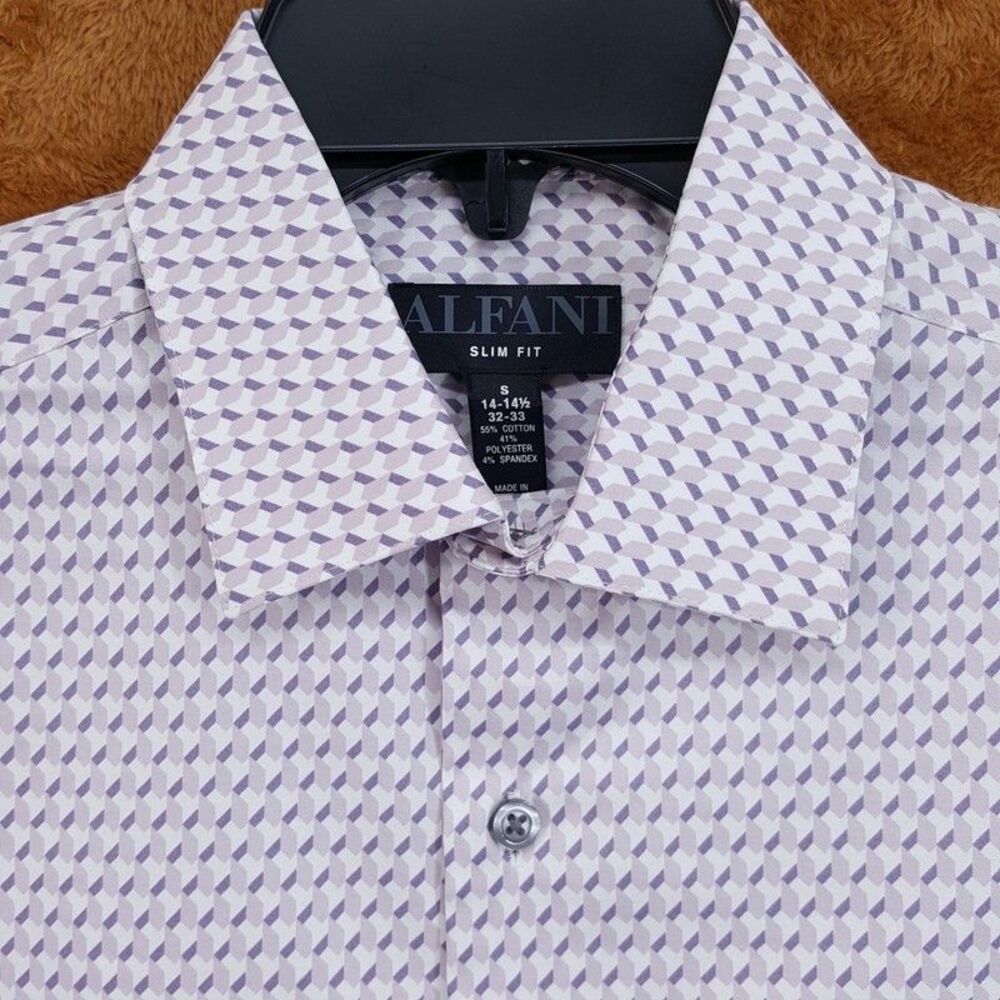 ALFANI Dress Shirt Mens Size 14 14.5 32 33 Pink Purple Geo Neat Slim Fit Stretch